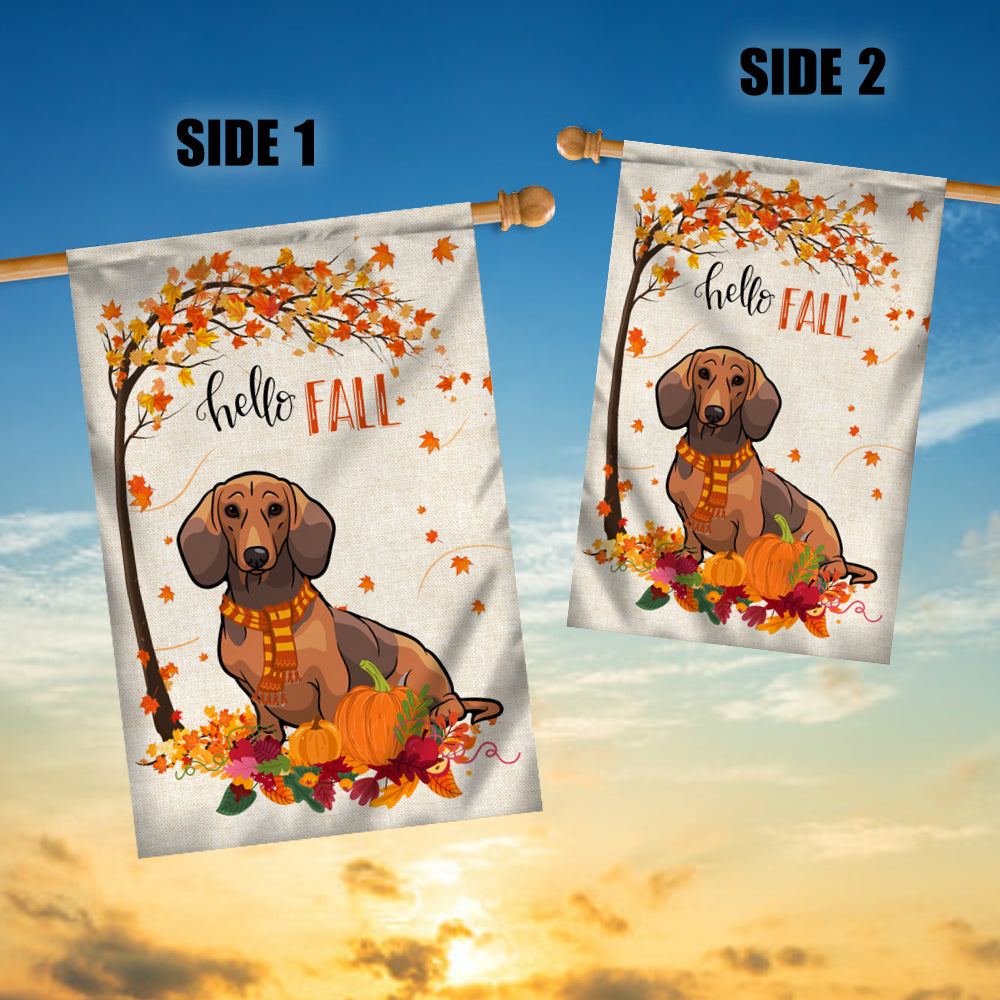 Hello Fall Dachshund Dog Flag Maple Leaves Orange Pumpkin Autumn Flag | Teecentury.com