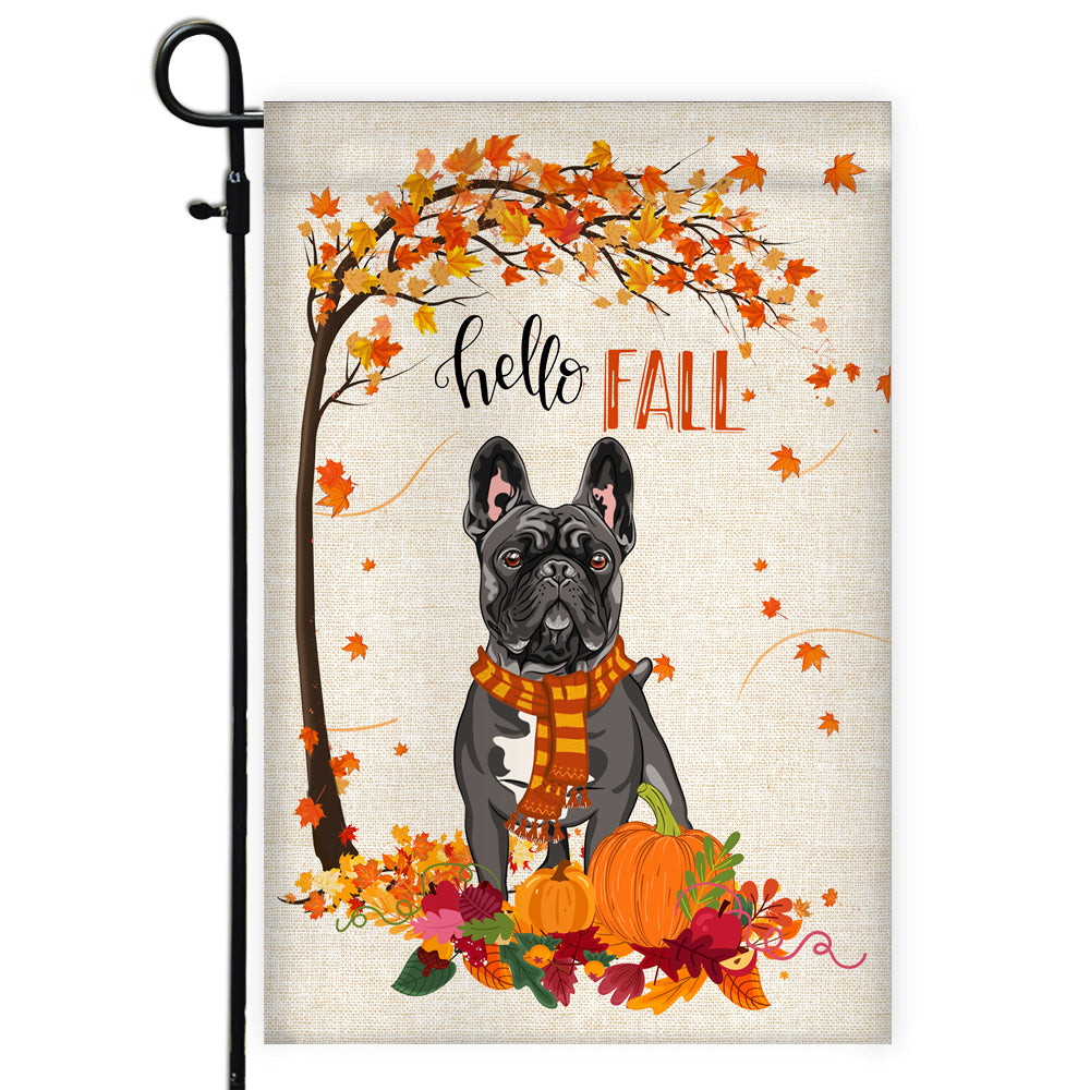 Hello Fall French Bulldog Dog Flag Maple Leaves Orange Pumpkin Autumn Flag | Teecentury.com