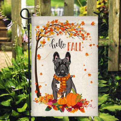 Hello Fall French Bulldog Dog Flag Maple Leaves Orange Pumpkin Autumn Flag | Teecentury.com