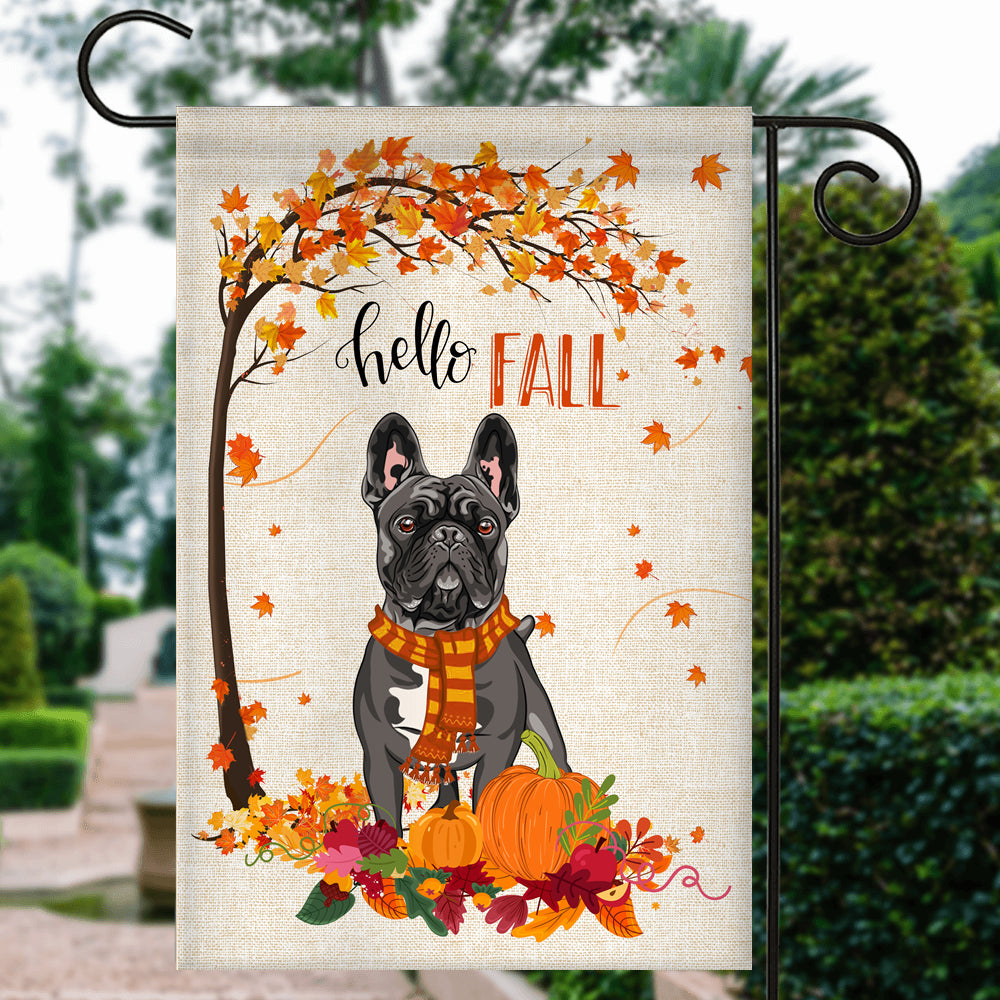 Hello Fall French Bulldog Dog Flag Maple Leaves Orange Pumpkin Autumn Flag | Teecentury.com