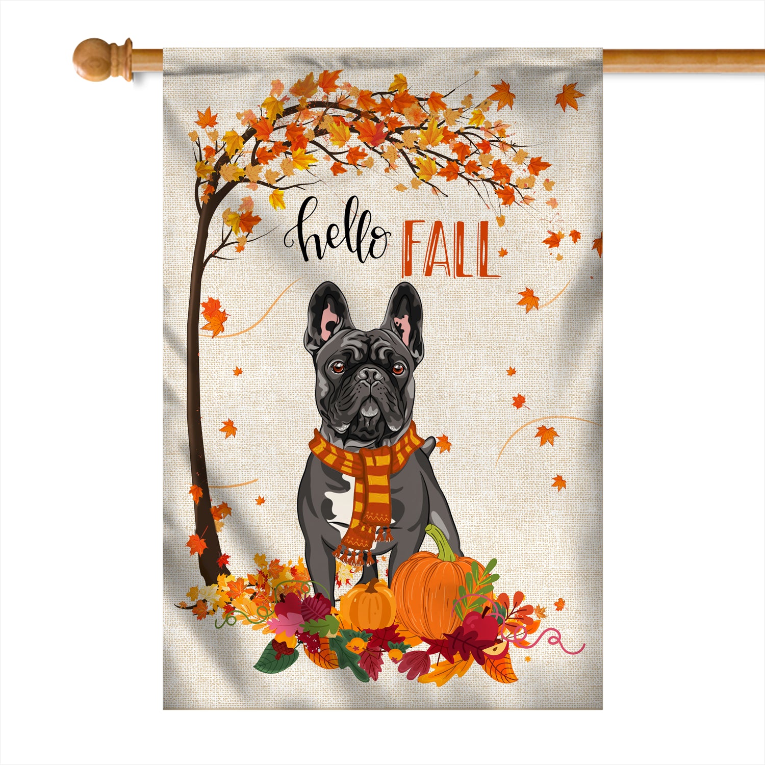 Hello Fall French Bulldog Dog Flag Maple Leaves Orange Pumpkin Autumn Flag | Teecentury.com