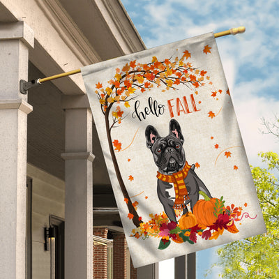 Hello Fall French Bulldog Dog Flag Maple Leaves Orange Pumpkin Autumn Flag | Teecentury.com