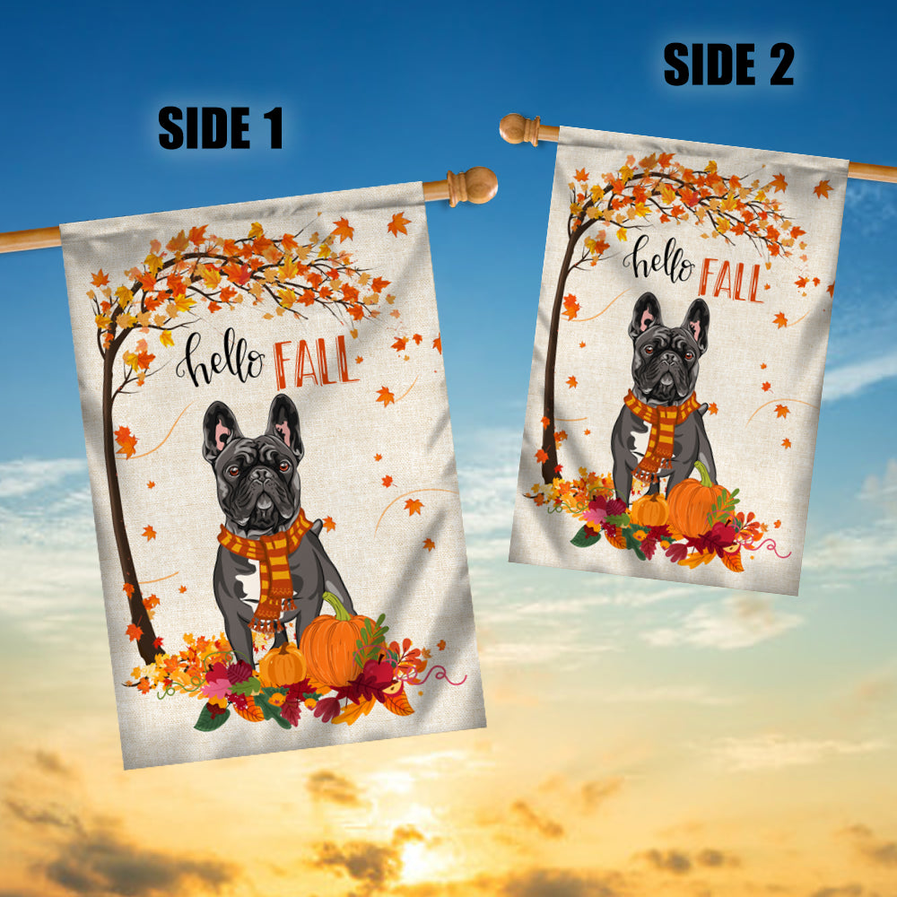 Hello Fall French Bulldog Dog Flag Maple Leaves Orange Pumpkin Autumn Flag | Teecentury.com