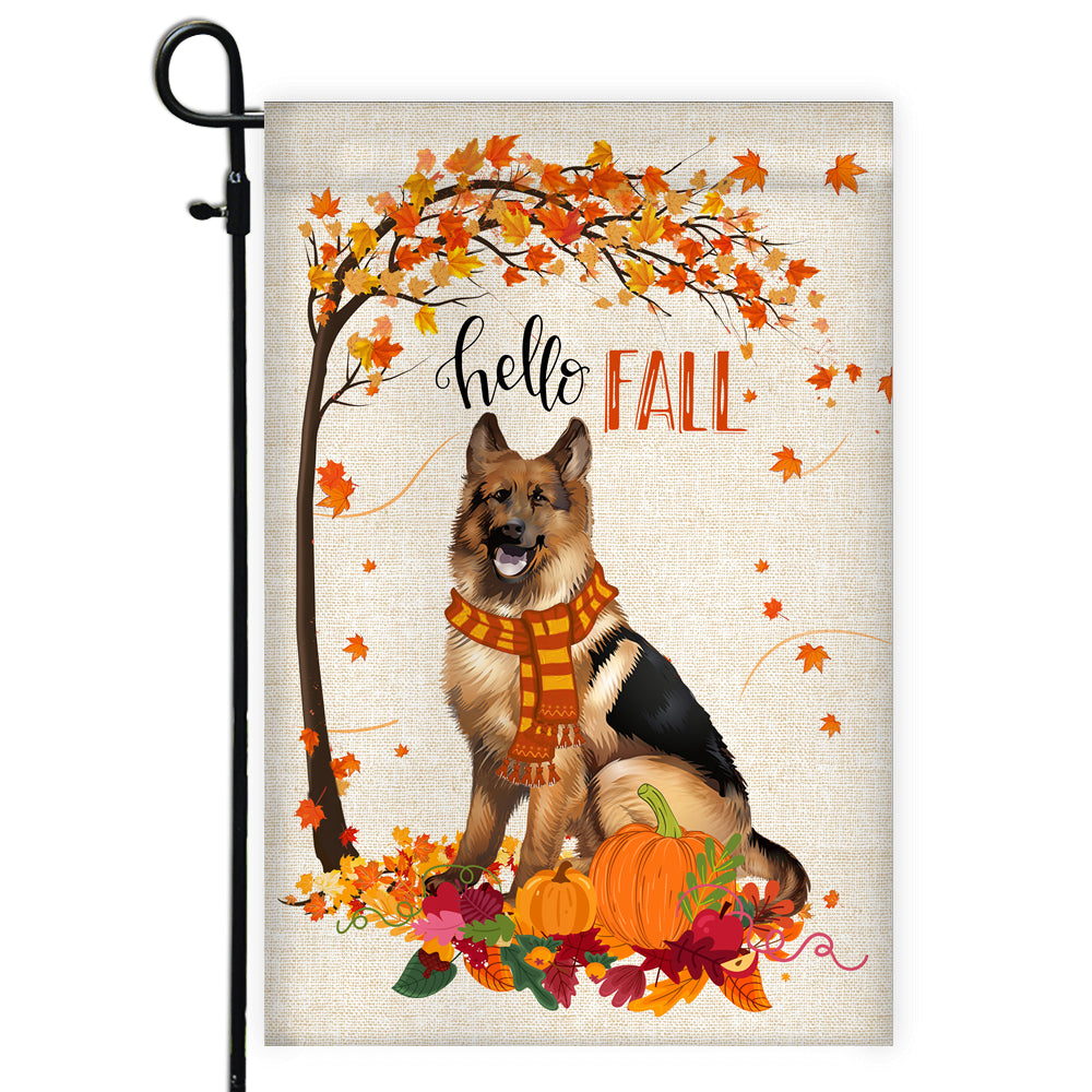 Hello Fall German Shepherd Dog Flag Maple Leaves Orange Pumpkin Autumn Flag | Teecentury.com