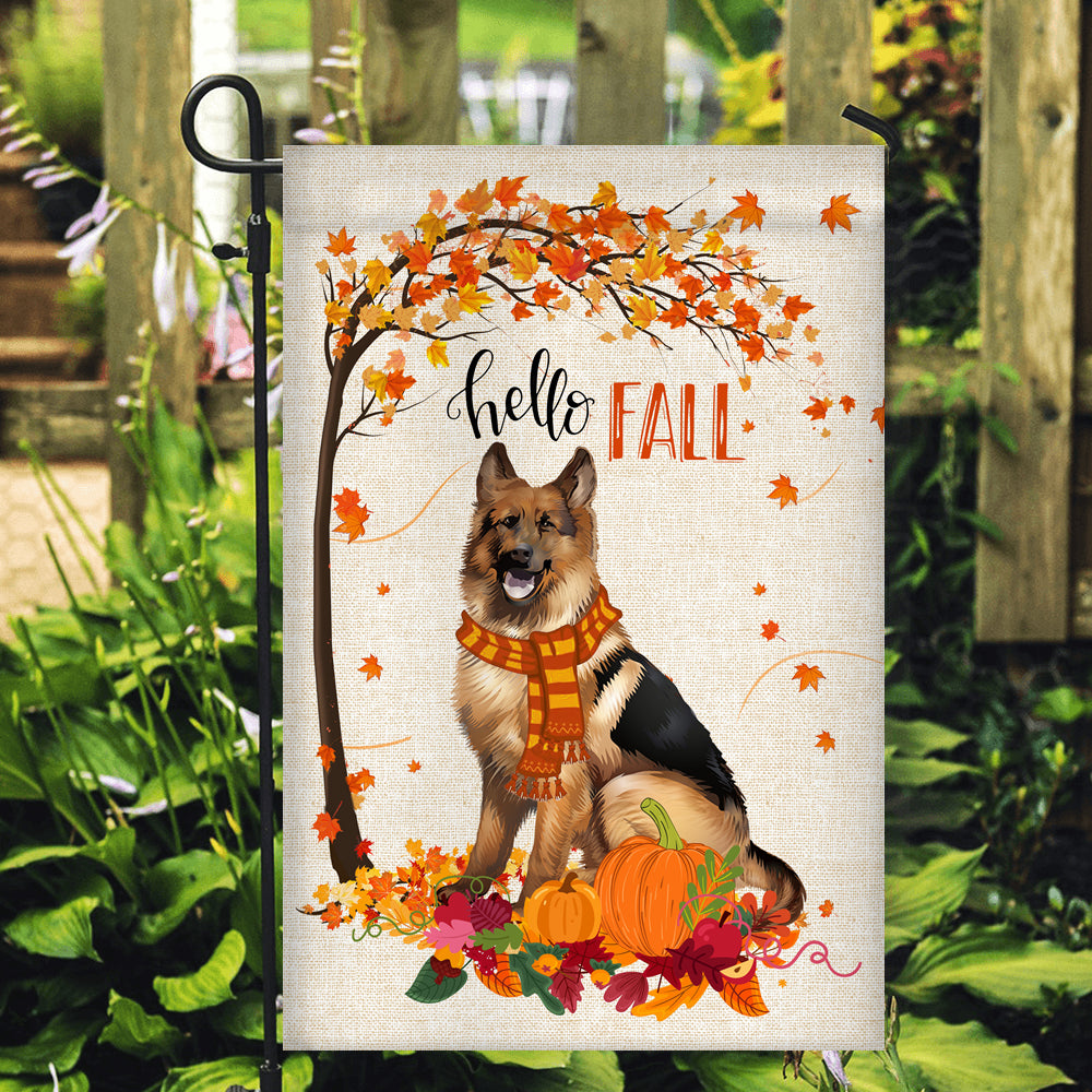 Hello Fall German Shepherd Dog Flag Maple Leaves Orange Pumpkin Autumn Flag | Teecentury.com