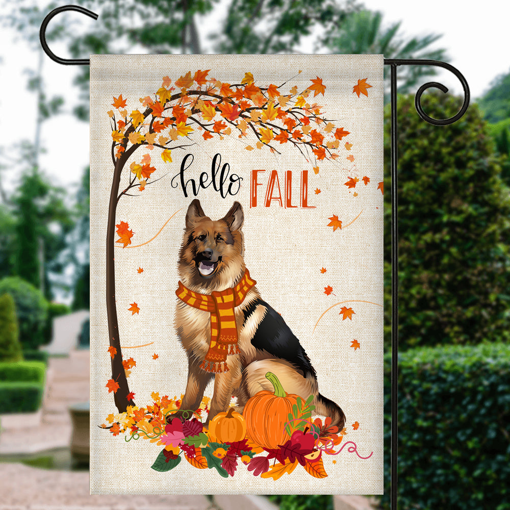 Hello Fall German Shepherd Dog Flag Maple Leaves Orange Pumpkin Autumn Flag | Teecentury.com