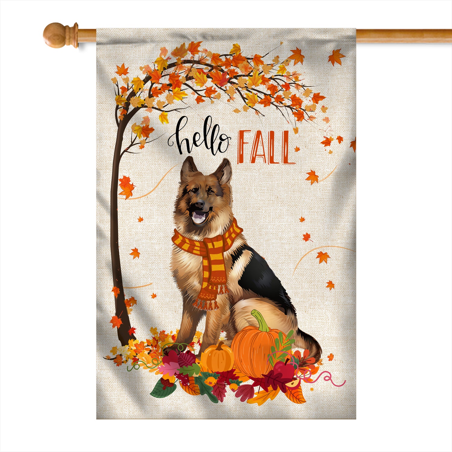 Hello Fall German Shepherd Dog Flag Maple Leaves Orange Pumpkin Autumn Flag | Teecentury.com