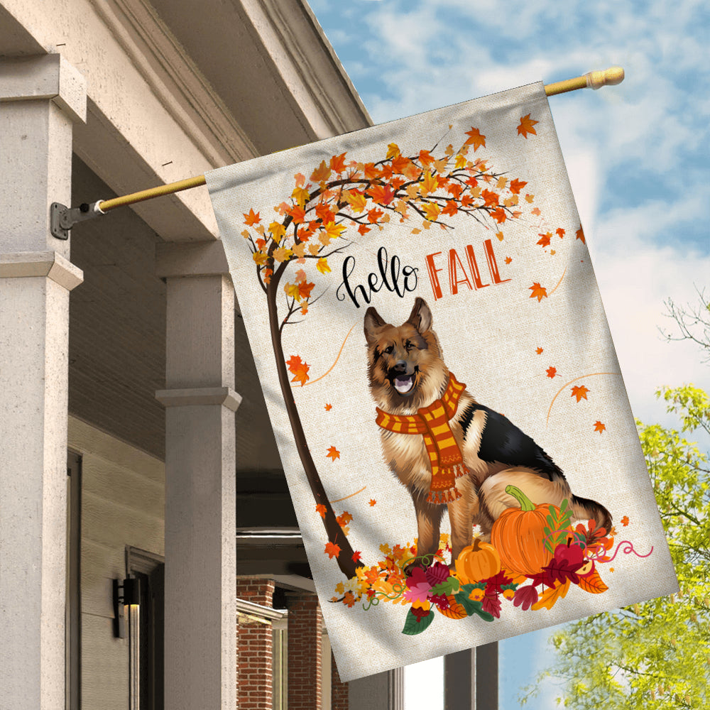 Hello Fall German Shepherd Dog Flag Maple Leaves Orange Pumpkin Autumn Flag | Teecentury.com