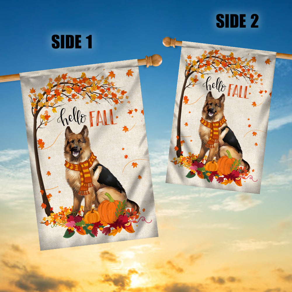 Hello Fall German Shepherd Dog Flag Maple Leaves Orange Pumpkin Autumn Flag | Teecentury.com