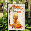 Hello Fall Golden Retriever Dog Flag Maple Leaves Orange Pumpkin Autumn Flag | Teecentury.com