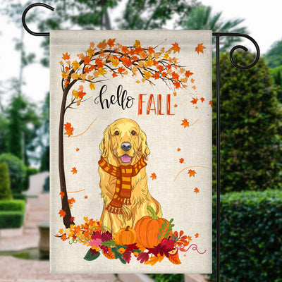 Hello Fall Golden Retriever Dog Flag Maple Leaves Orange Pumpkin Autumn Flag | Teecentury.com