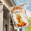 Hello Fall Golden Retriever Dog Flag Maple Leaves Orange Pumpkin Autumn Flag | Teecentury.com