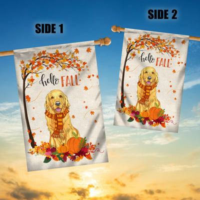 Hello Fall Golden Retriever Dog Flag Maple Leaves Orange Pumpkin Autumn Flag | Teecentury.com