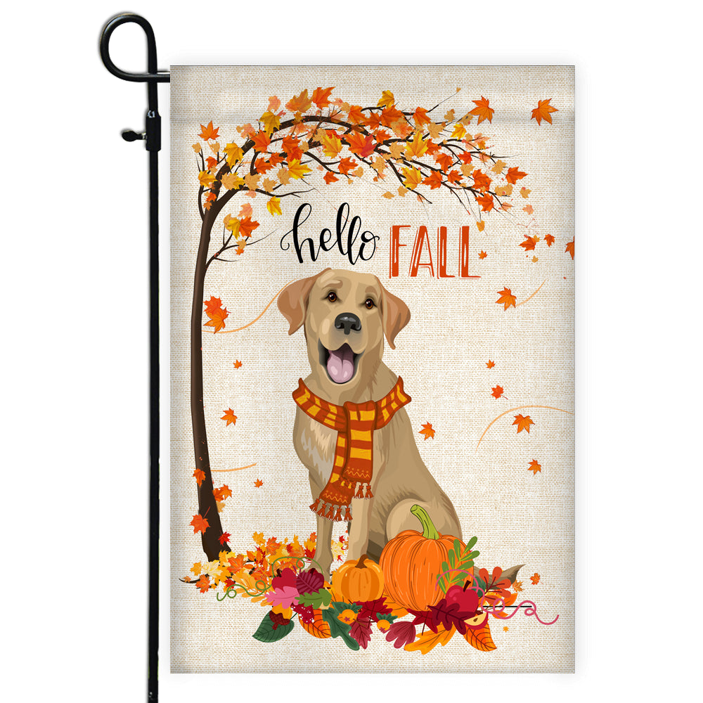 Hello Fall Labrador Dog Flag Maple Leaves Orange Pumpkin Autumn Flag | Teecentury.com