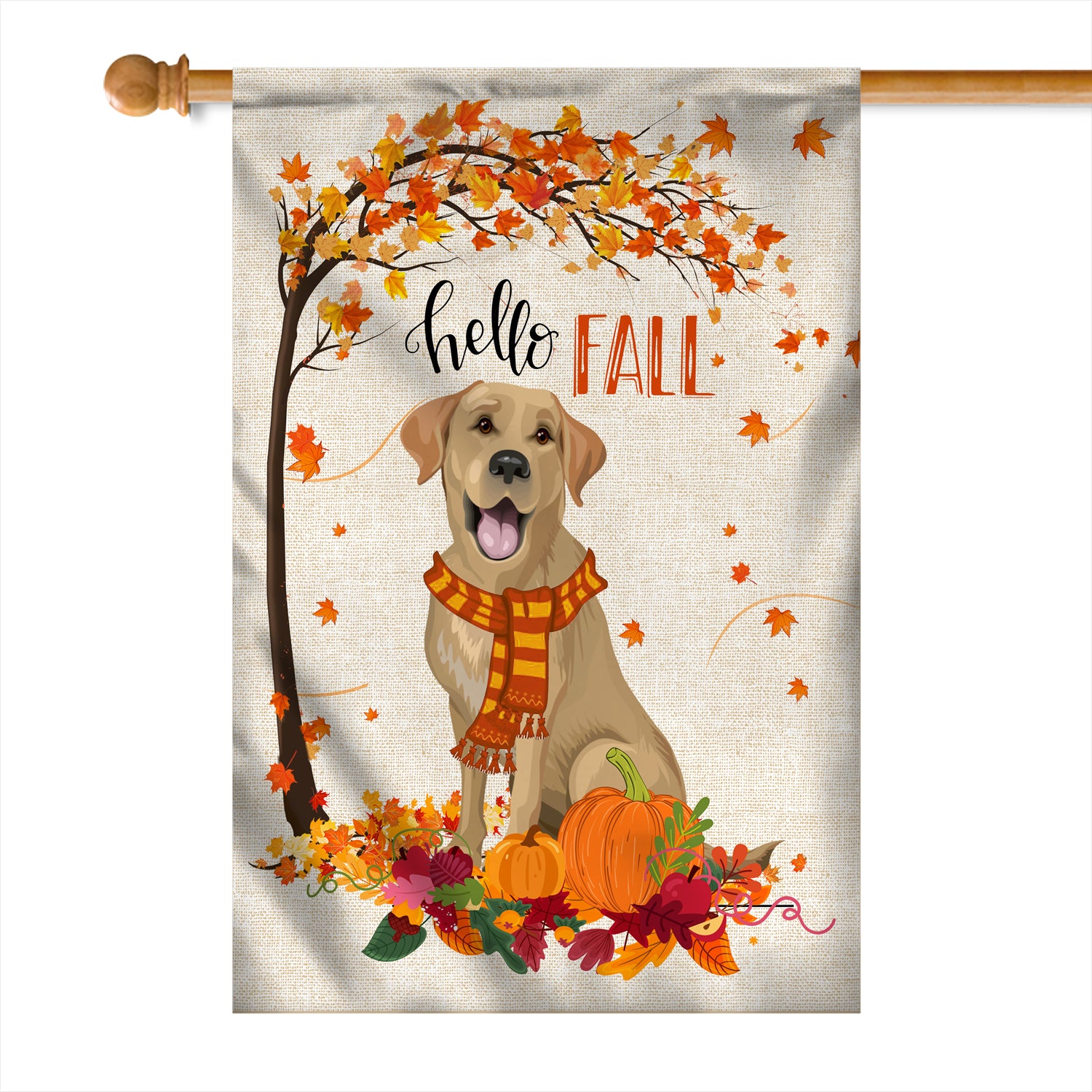 Hello Fall Labrador Dog Flag Maple Leaves Orange Pumpkin Autumn Flag | Teecentury.com