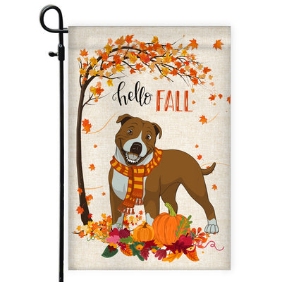 Hello Fall Pitbull Dog Flag Maple Leaves Orange Pumpkin Autumn Flag | Teecentury.com