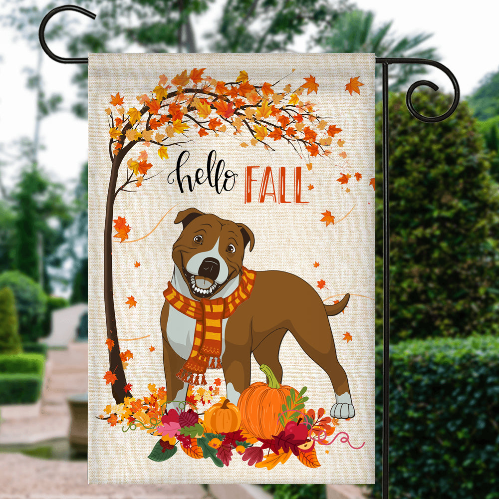Hello Fall Pitbull Dog Flag Maple Leaves Orange Pumpkin Autumn Flag | Teecentury.com