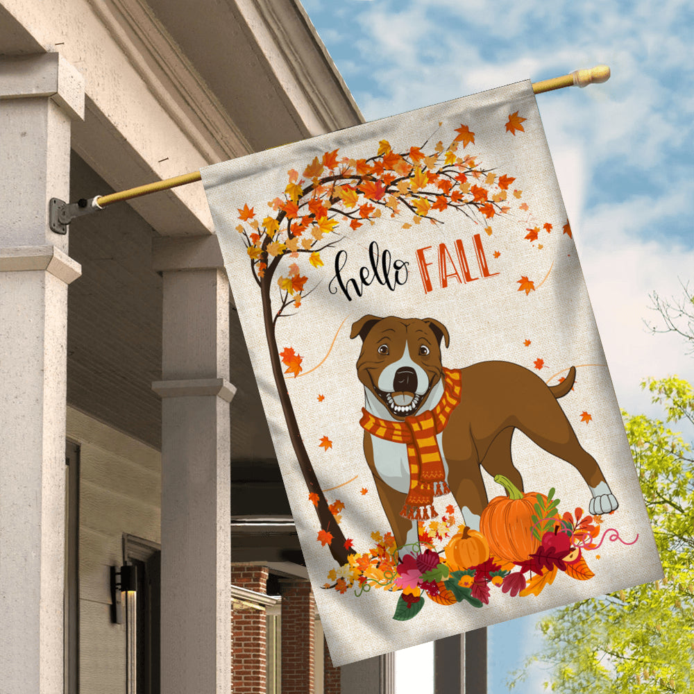 Hello Fall Pitbull Dog Flag Maple Leaves Orange Pumpkin Autumn Flag | Teecentury.com