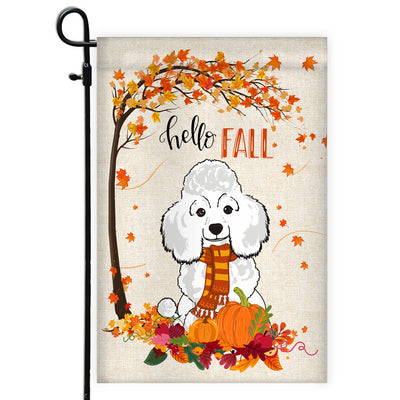 Hello Fall Poodle Dog Flag Maple Leaves Orange Pumpkin Autumn Flag | Teecentury.com