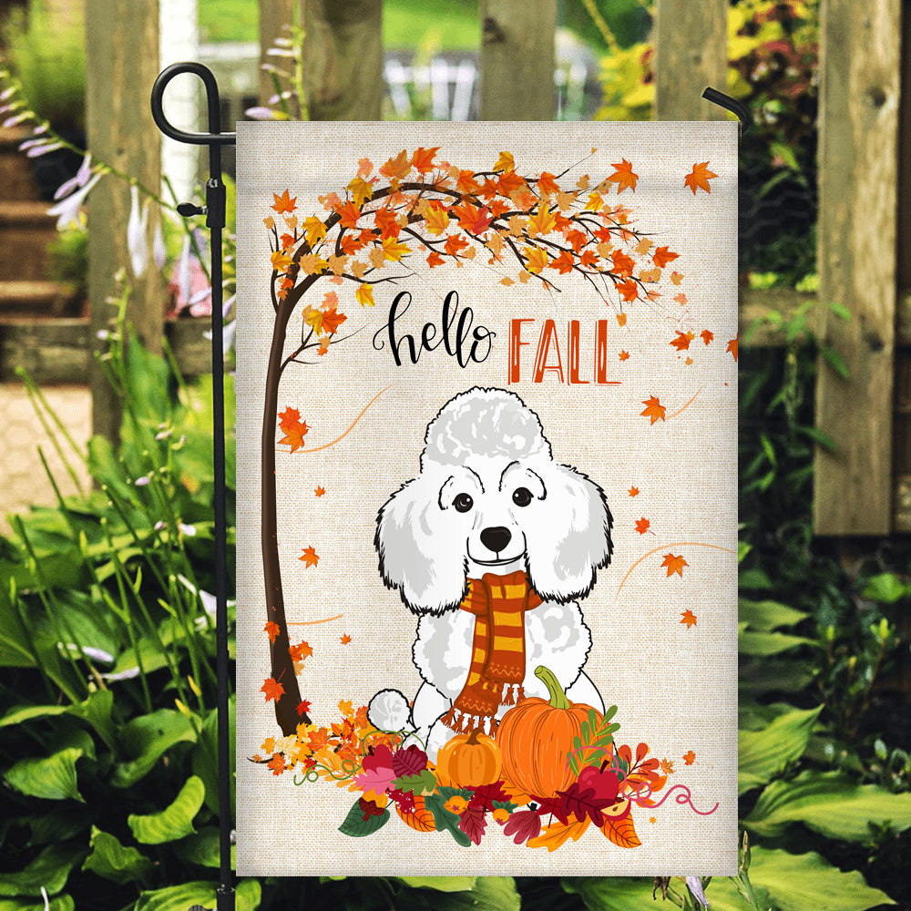 Hello Fall Poodle Dog Flag Maple Leaves Orange Pumpkin Autumn Flag | Teecentury.com