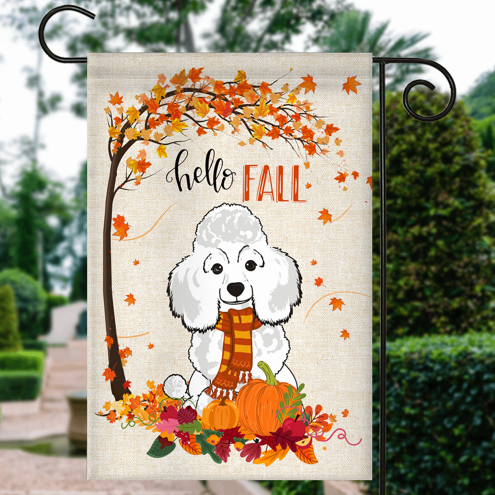 Hello Fall Poodle Dog Flag Maple Leaves Orange Pumpkin Autumn Flag | Teecentury.com