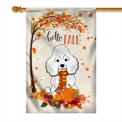 Hello Fall Poodle Dog Flag Maple Leaves Orange Pumpkin Autumn Flag | Teecentury.com