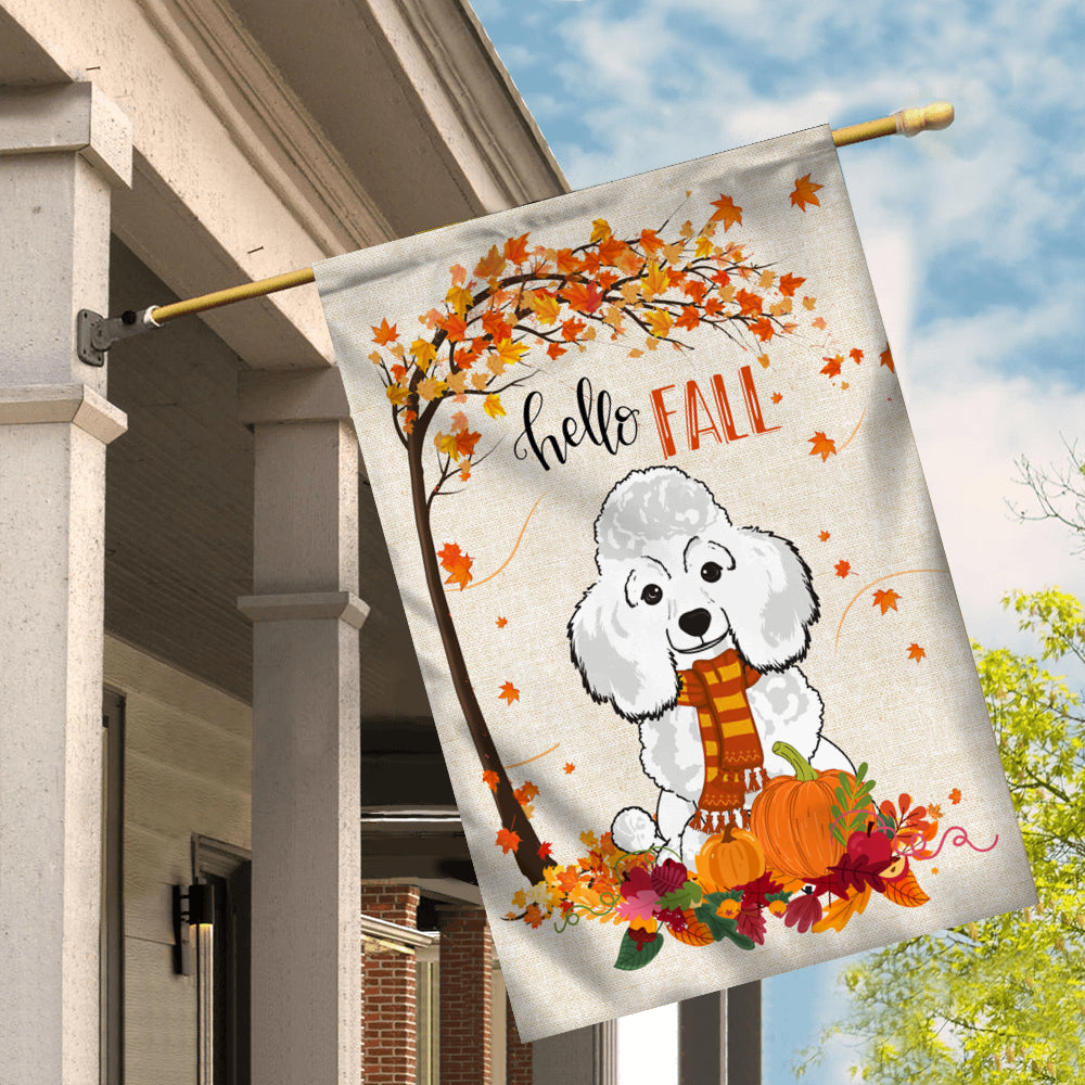 Hello Fall Poodle Dog Flag Maple Leaves Orange Pumpkin Autumn Flag | Teecentury.com