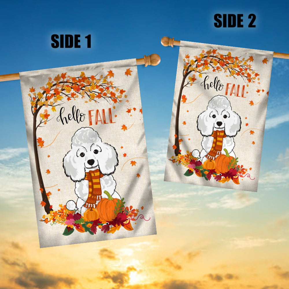 Hello Fall Poodle Dog Flag Maple Leaves Orange Pumpkin Autumn Flag | Teecentury.com