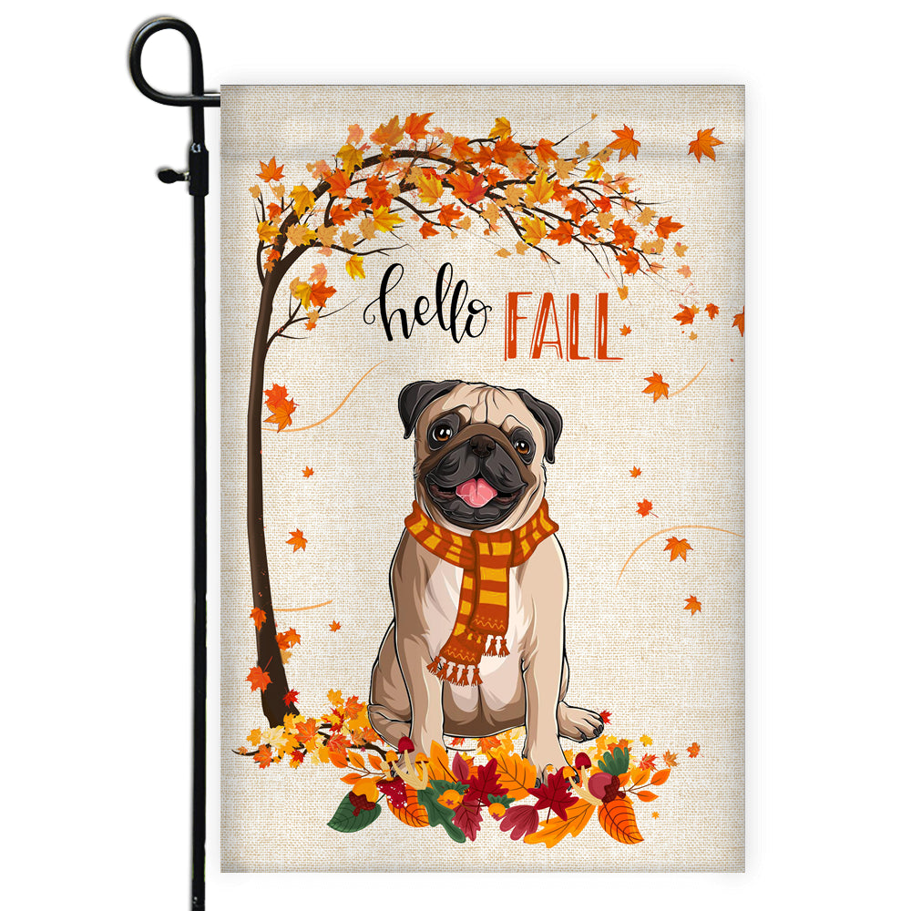 Hello Fall Pug Dog Flag Maple Leaves Orange Pumpkin Autumn Flag | Teecentury.com