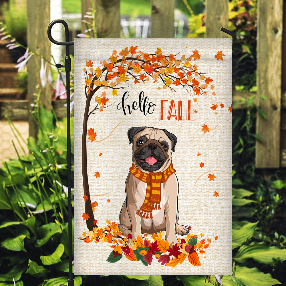 Hello Fall Pug Dog Flag Maple Leaves Orange Pumpkin Autumn Flag | Teecentury.com