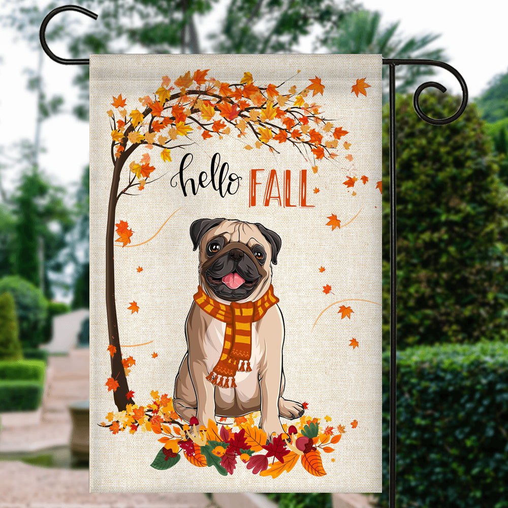 Hello Fall Pug Dog Flag Maple Leaves Orange Pumpkin Autumn Flag | Teecentury.com
