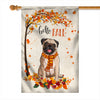 Hello Fall Pug Dog Flag Maple Leaves Orange Pumpkin Autumn Flag | Teecentury.com