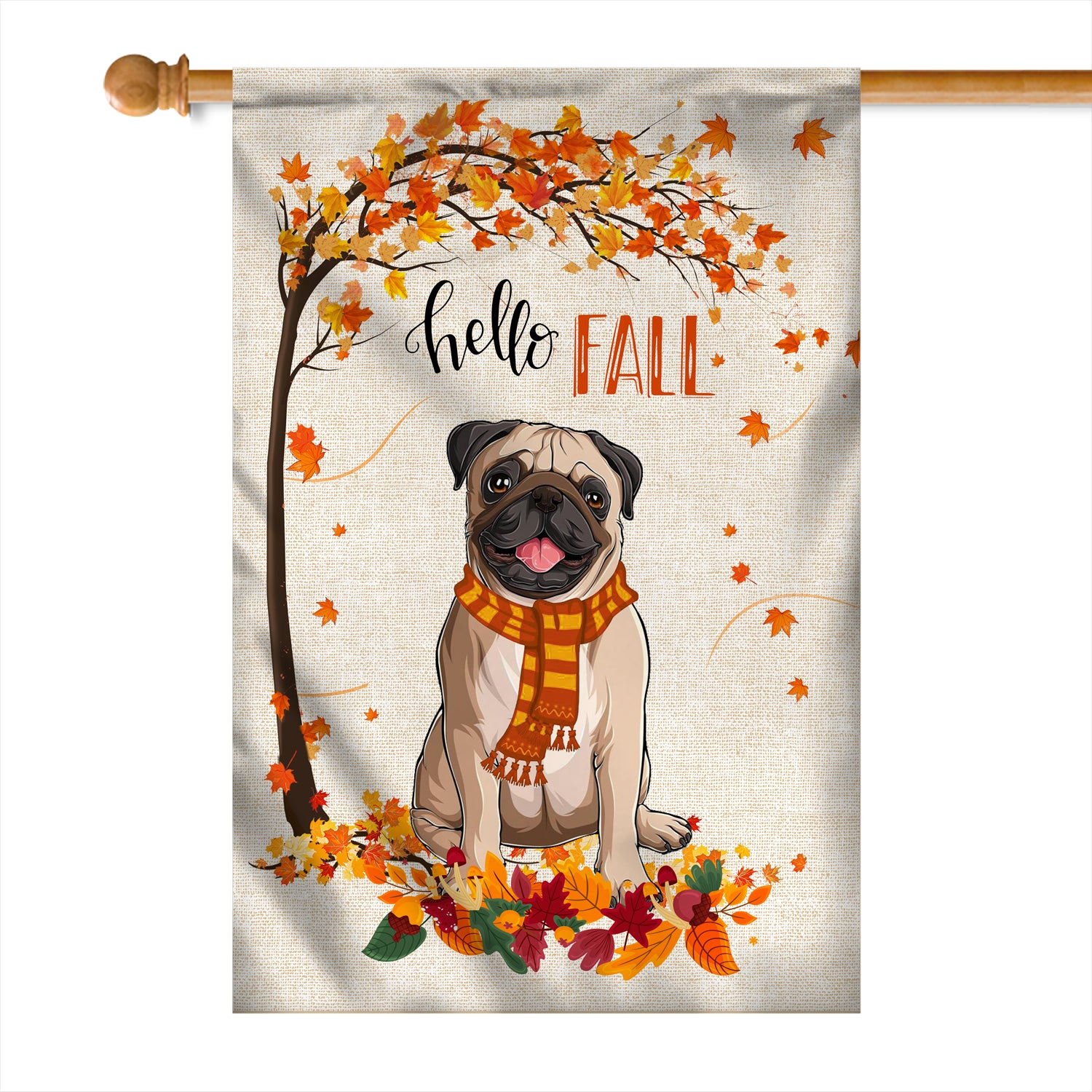Hello Fall Pug Dog Flag Maple Leaves Orange Pumpkin Autumn Flag | Teecentury.com