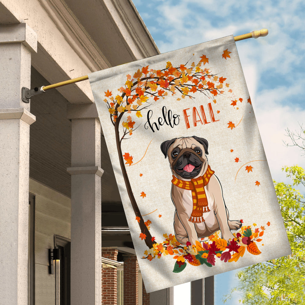 Hello Fall Pug Dog Flag Maple Leaves Orange Pumpkin Autumn Flag | Teecentury.com