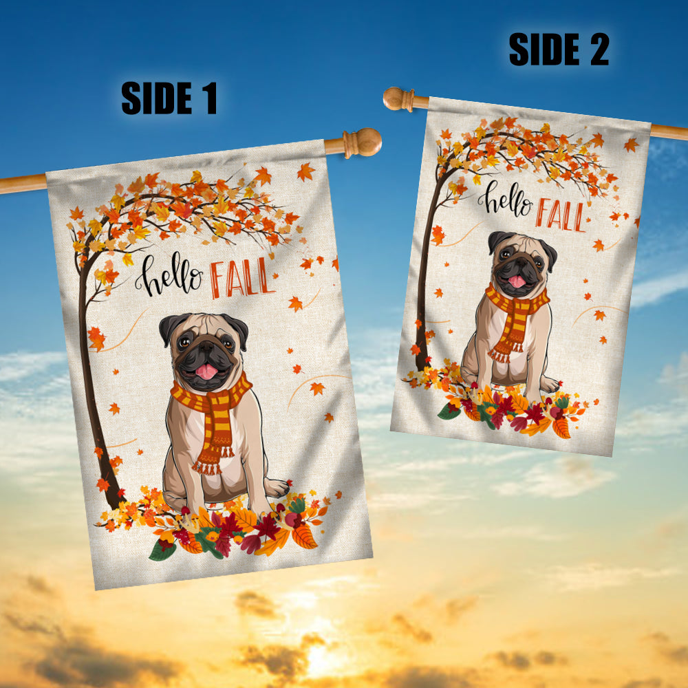 Hello Fall Pug Dog Flag Maple Leaves Orange Pumpkin Autumn Flag | Teecentury.com