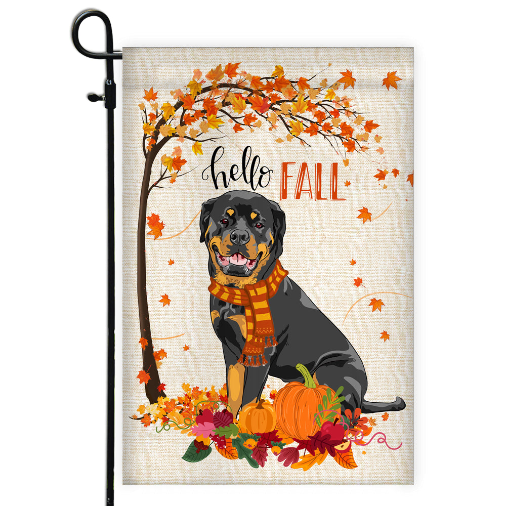 Hello Fall Rottweiler Dog Flag Maple Leaves Orange Pumpkin Autumn Flag | Teecentury.com