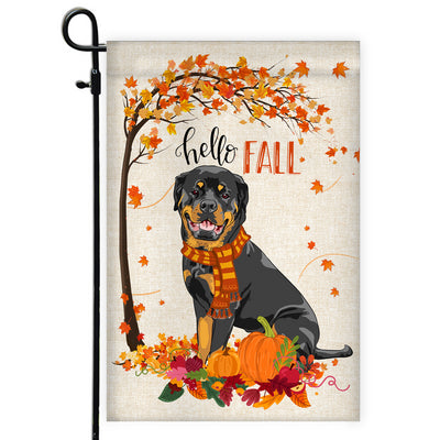 Hello Fall Rottweiler Dog Flag Maple Leaves Orange Pumpkin Autumn Flag | Teecentury.com