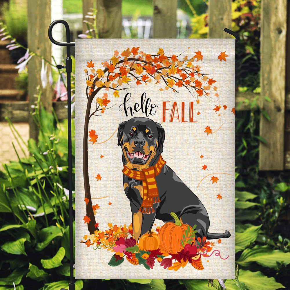 Hello Fall Rottweiler Dog Flag Maple Leaves Orange Pumpkin Autumn Flag | Teecentury.com