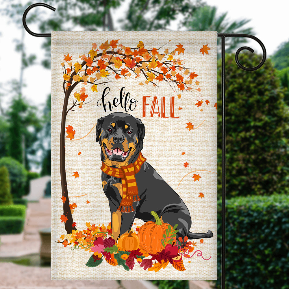 Hello Fall Rottweiler Dog Flag Maple Leaves Orange Pumpkin Autumn Flag | Teecentury.com