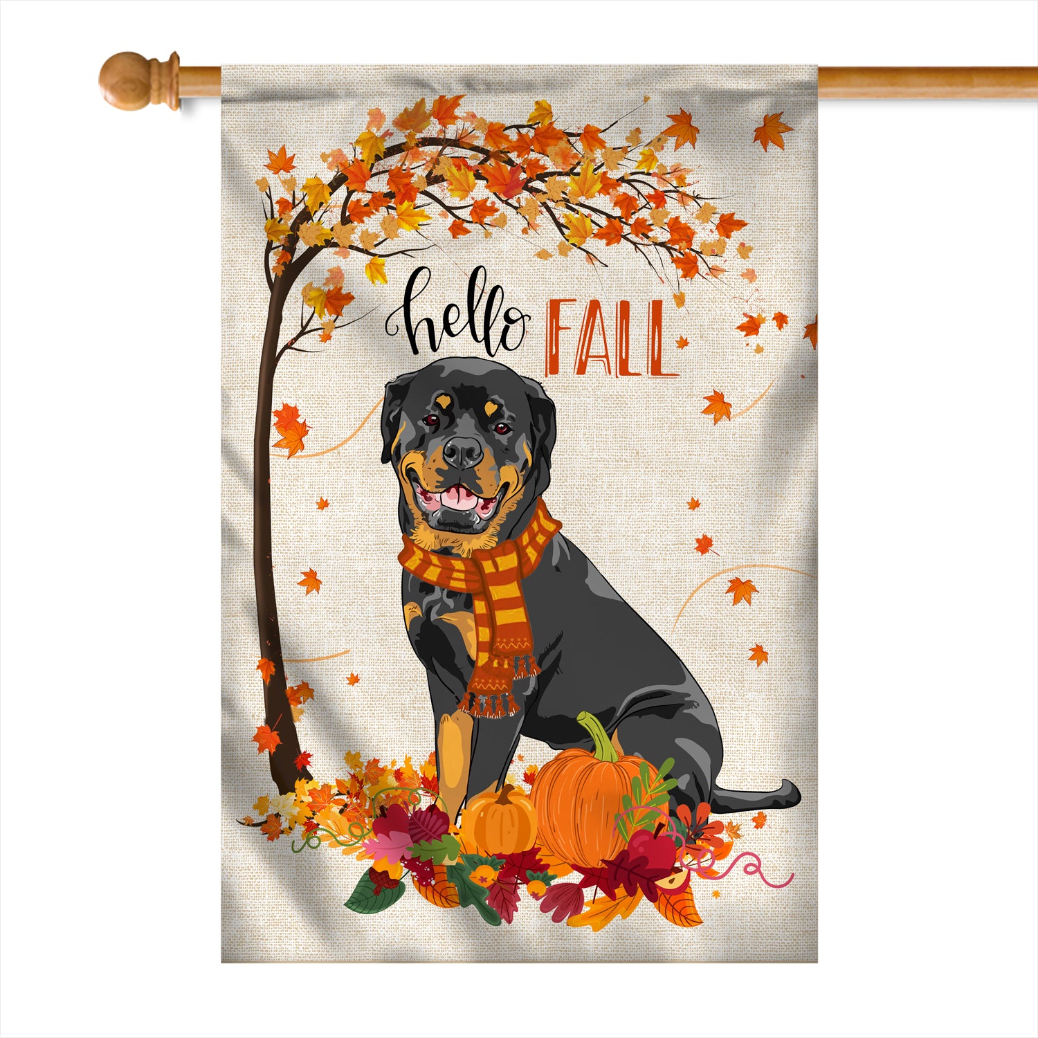 Hello Fall Rottweiler Dog Flag Maple Leaves Orange Pumpkin Autumn Flag | Teecentury.com