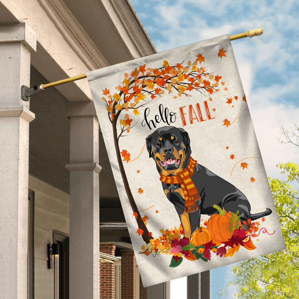 Hello Fall Rottweiler Dog Flag Maple Leaves Orange Pumpkin Autumn Flag | Teecentury.com