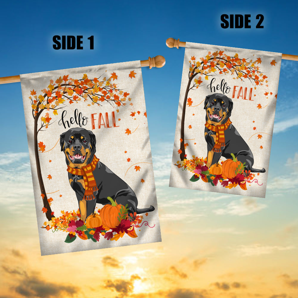 Hello Fall Rottweiler Dog Flag Maple Leaves Orange Pumpkin Autumn Flag | Teecentury.com