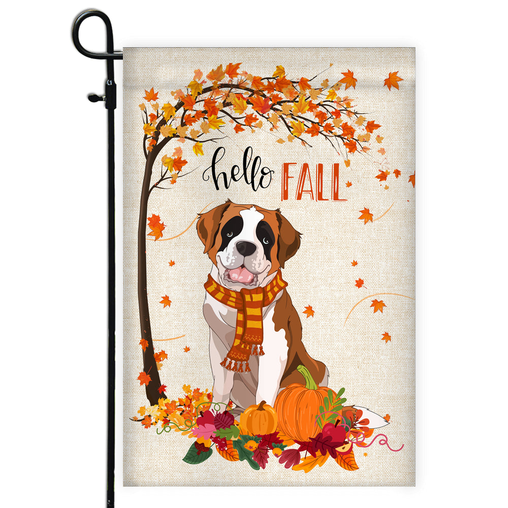 Hello Fall Saint Bernard Dog Flag Maple Leaves Orange Pumpkin Autumn Flag | Teecentury.com