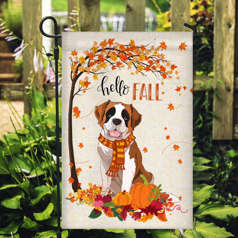 Hello Fall Saint Bernard Dog Flag Maple Leaves Orange Pumpkin Autumn Flag | Teecentury.com