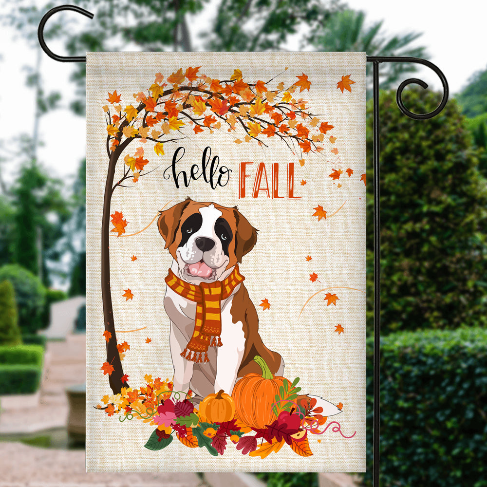 Hello Fall Saint Bernard Dog Flag Maple Leaves Orange Pumpkin Autumn Flag | Teecentury.com