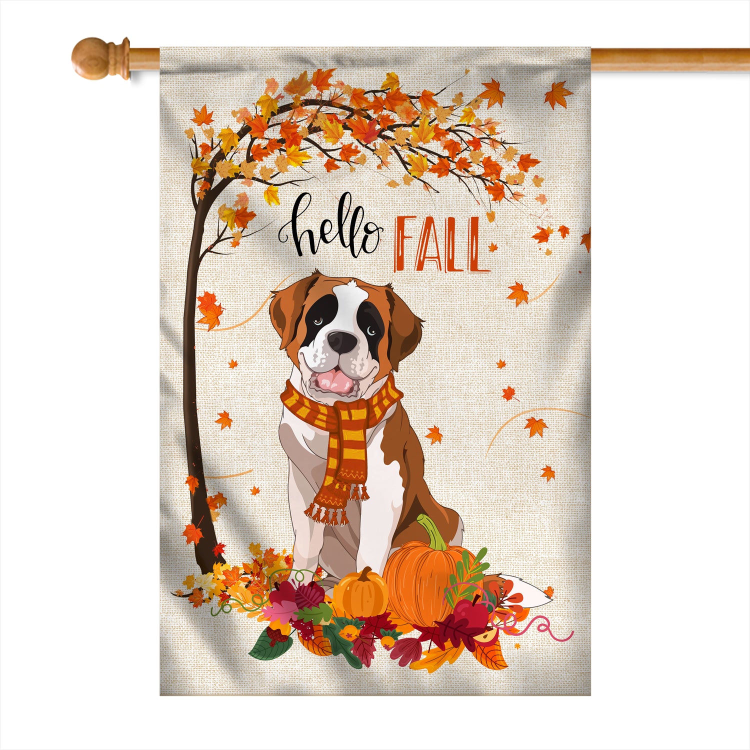 Hello Fall Saint Bernard Dog Flag Maple Leaves Orange Pumpkin Autumn Flag | Teecentury.com