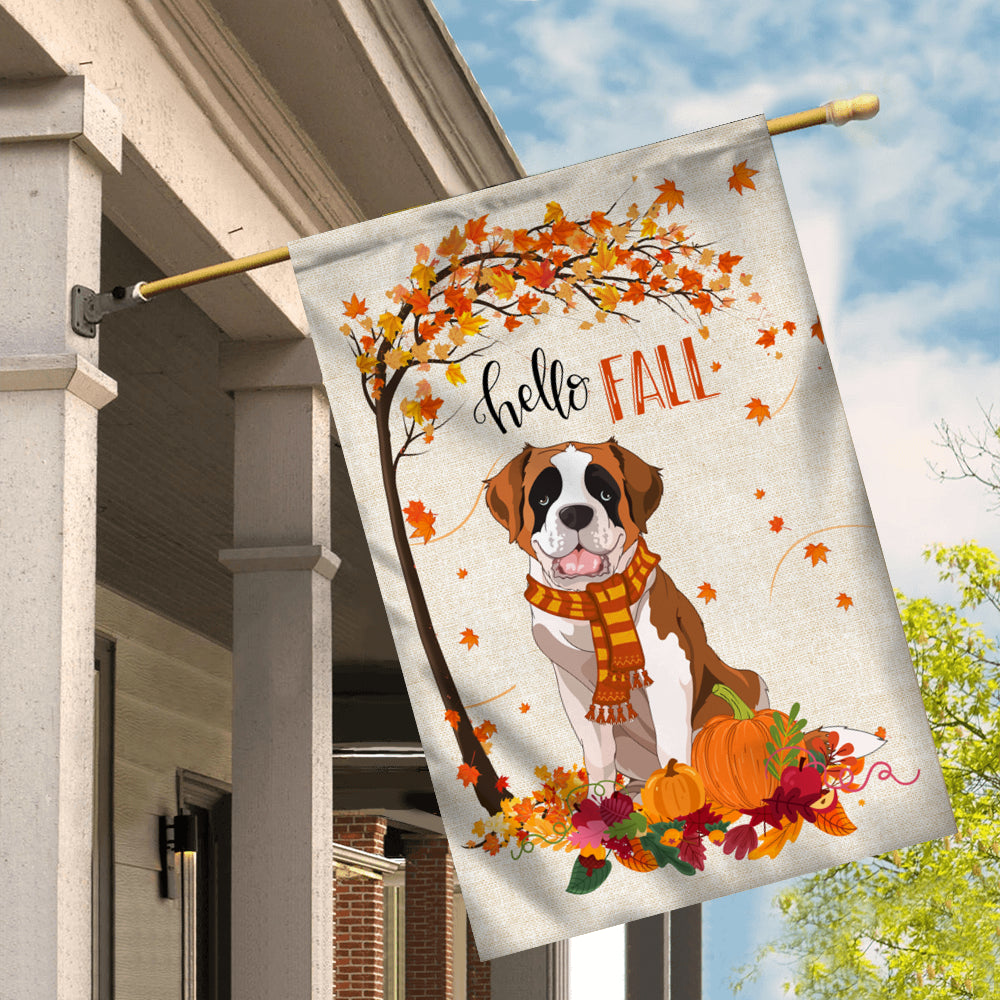 Hello Fall Saint Bernard Dog Flag Maple Leaves Orange Pumpkin Autumn Flag | Teecentury.com