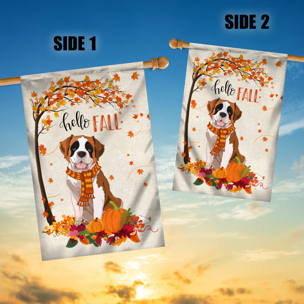 Hello Fall Saint Bernard Dog Flag Maple Leaves Orange Pumpkin Autumn Flag | Teecentury.com