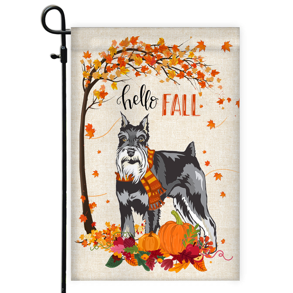 Hello Fall Schnauzer Dog Flag Maple Leaves Orange Pumpkin Autumn Flag | Teecentury.com