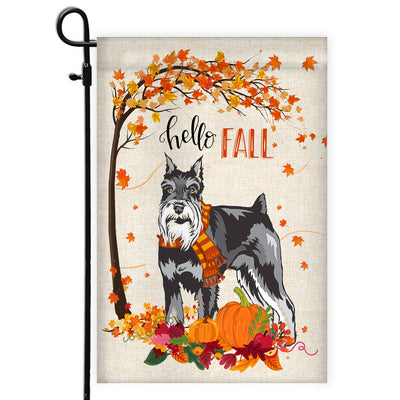 Hello Fall Schnauzer Dog Flag Maple Leaves Orange Pumpkin Autumn Flag | Teecentury.com